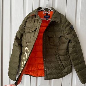 Polo by Ralph Lauren Men's Olive Puffer Jacket with Orange Lining